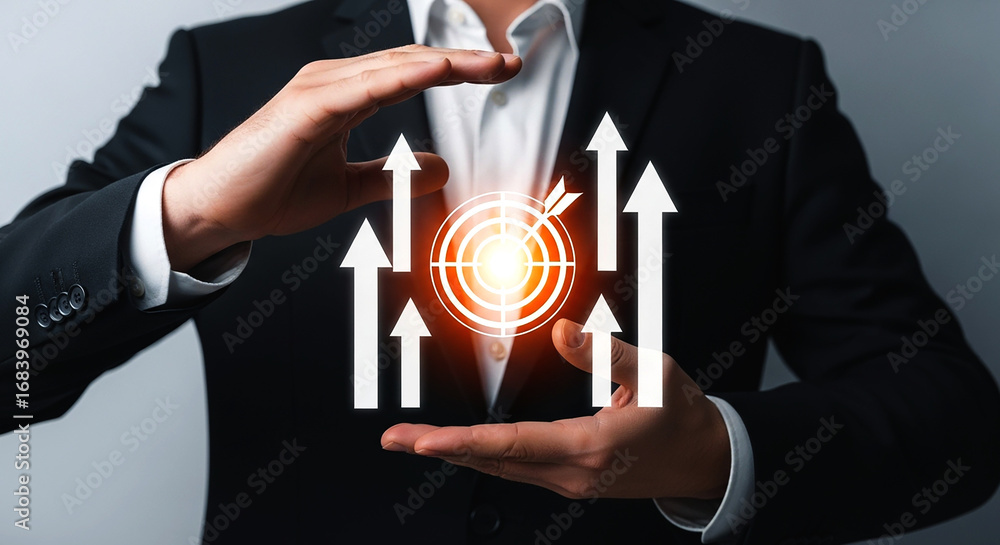 Poster man in suit framing a target with arrows pointing upwards suggesting business growth and achievement