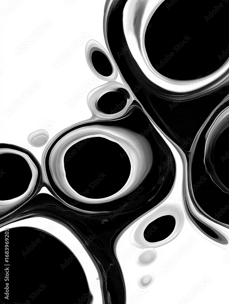 Poster black and white abstract digital art piece. it appears to be made up of multiple overlapping circles