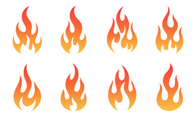 Set of fire flame 8 vector icons in orange and red gradient. Perfect for fire, heat, burning, energy, and warning designs. Includes simple and clean flame clip art illustrations