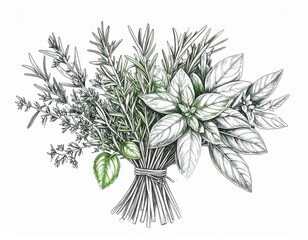 Botanical Herb Bundle Illustration with Rosemary Thyme and Basil on White Background