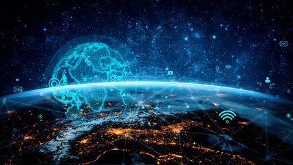 A captivating digital illustration of Earth from space showcasing global connectivity through technology icons, reflecting a modern and interconnected world. Xenic