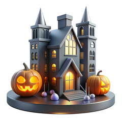 3D Haunted House Futuristic Skyscraper Icon-Pumpkin Windows, Metallic Walls, Reflection, Transparent PNG