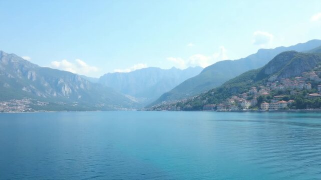 Serene coastline along Turkey coast calm sea reflects grandeur of surrounding mountains. Nature majesty Turkish coast sweeping views of sea and mountains nature majesty mountain ranges.