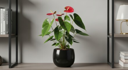 Anthurium plant in black pot on shelf in modern minimalist interior setting
