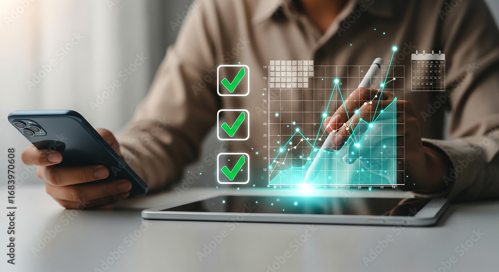 Fototapete person using tablet and phone with digital graphics showing checkmarks and a rising line graph data 