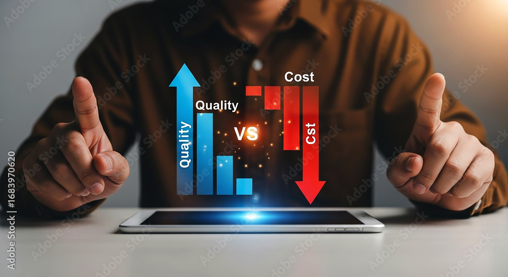 Poster person pointing at a digital display showing quality versus cost chart over a tablet on a white surf