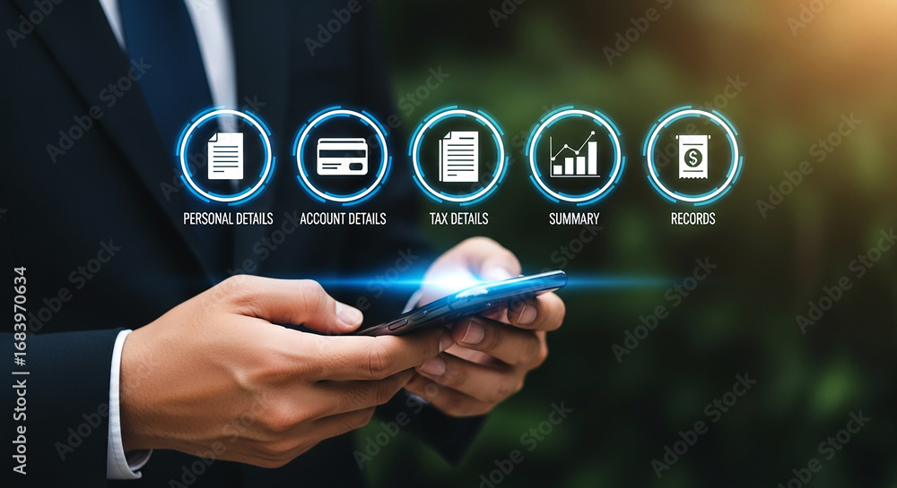 Poster man using smartphone with personal details, account, tax, summary and records icons displayed above 