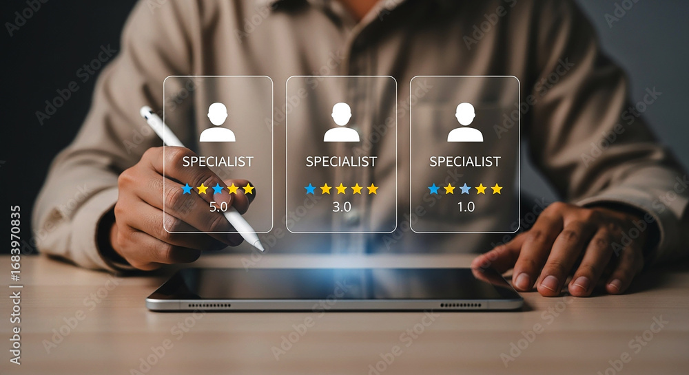 Poster person using stylus on tablet showing specialist rating with stars in a digital interface design on 