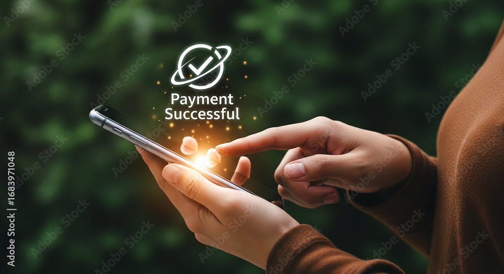 Poster person using smartphone for payment with successful transaction notification displayed on the screen