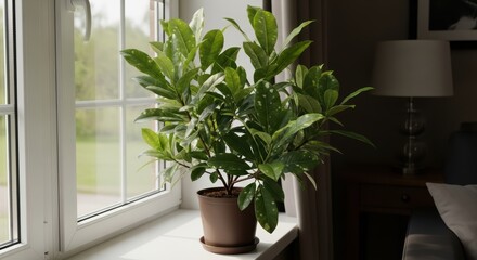 Fototapeta premium Indoor potted plant on window ledge with natural light and green foliage