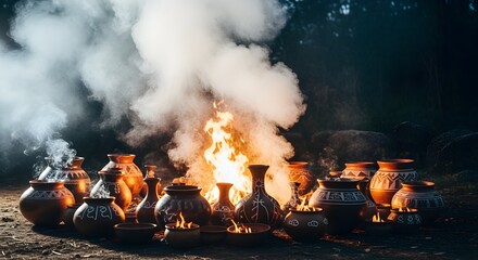 Cinematic image of smoke rising from a ceremonial fire, surrounded by tribal pottery.