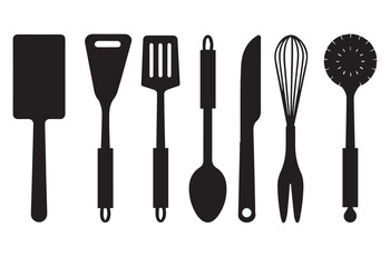 A collection of black kitchen utensils including spatulas, a whisk, a knife, and a serving spoon, arranged in a row against a white background.