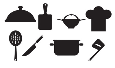 Kitchen utensils and cookware silhouettes: chef hat, pots, pans, knife, and more.