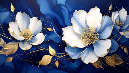 Elegant digital artwork showcasing stylized white and blue flowers with golden accents, on a deep blue background