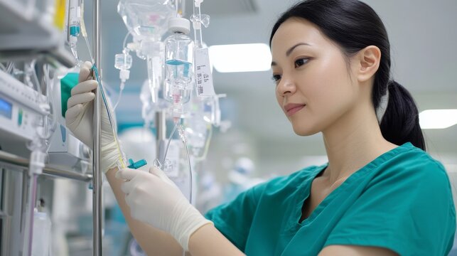 Asian Nurse Adjusting IV Drip, Hospital Setting ,Medical Professional ,Healthcare