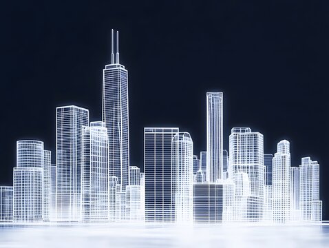Futuristic Wireframe Cityscape Skyline at Night