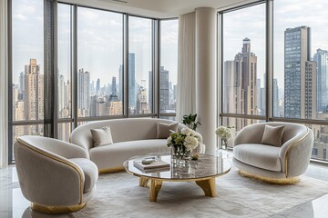 Luxurious apartment living room with panoramic city views and designer furniture