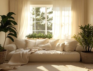 Serene and cozy living room featuring neutral tones and lush indoor plants