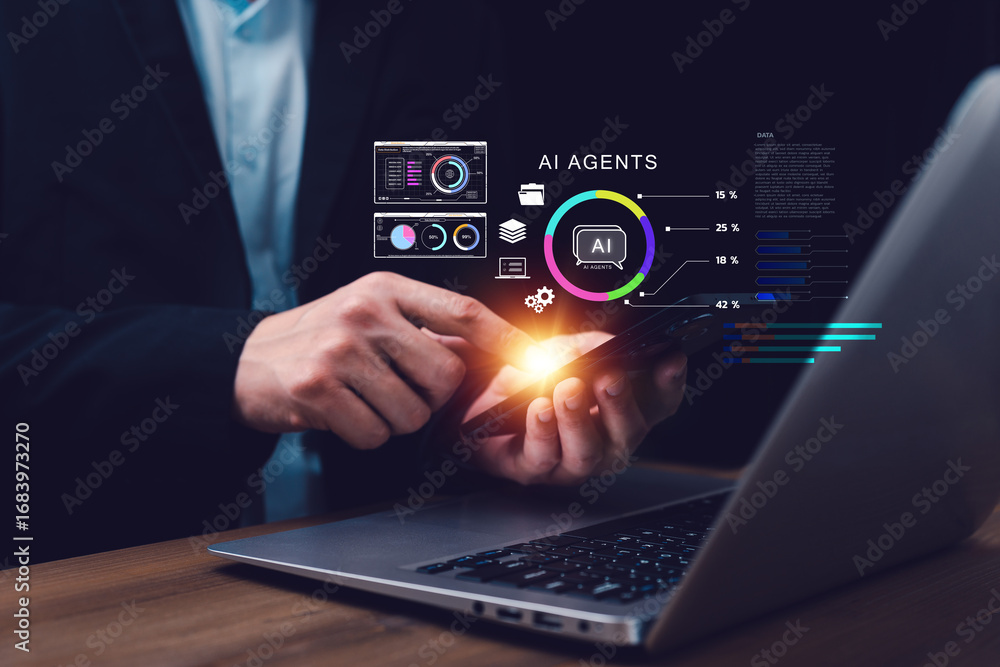 Poster businessman using smartphone with holographic ai agents dashboard and data visualization with laptop