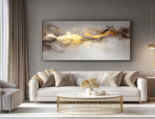 Elegant Living Room with Gold Abstract Art and Sophisticated Decor