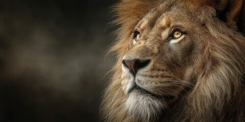 Fototapeta premium Majestic lion gazes intently during golden hour in a serene natural setting, showcasing its regal features and powerful presence