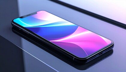 Sleek Smartphone with Gradient Screen Display on Reflective Surface for Communication and Technology