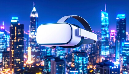 Vr Headset Floating Against Nighttime Cityscape with Blue Neon Lights and Skyscrapers