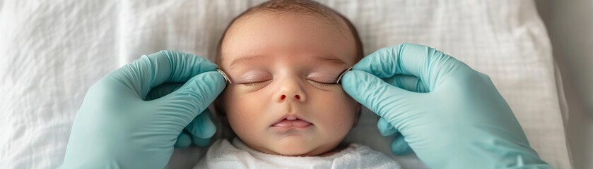 Infant Eye Exam Gloved hands carefully examine newborn's eyes, check for health conditions, pediatrician,baby health