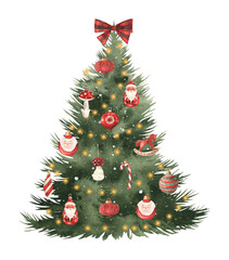 Watercolor Christmas tree in pot decorated with red bow, toys and garland lights. Isolated background for New year invitation, greeting card, wrapping paper, poster