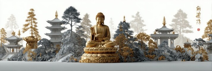 Serene golden Buddha statue surrounded by tranquil pagodas and lush trees in a peaceful landscape