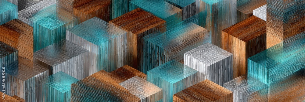 Poster abstract design features vibrant layered blocks of wood and metal, adding depth and visual interest 