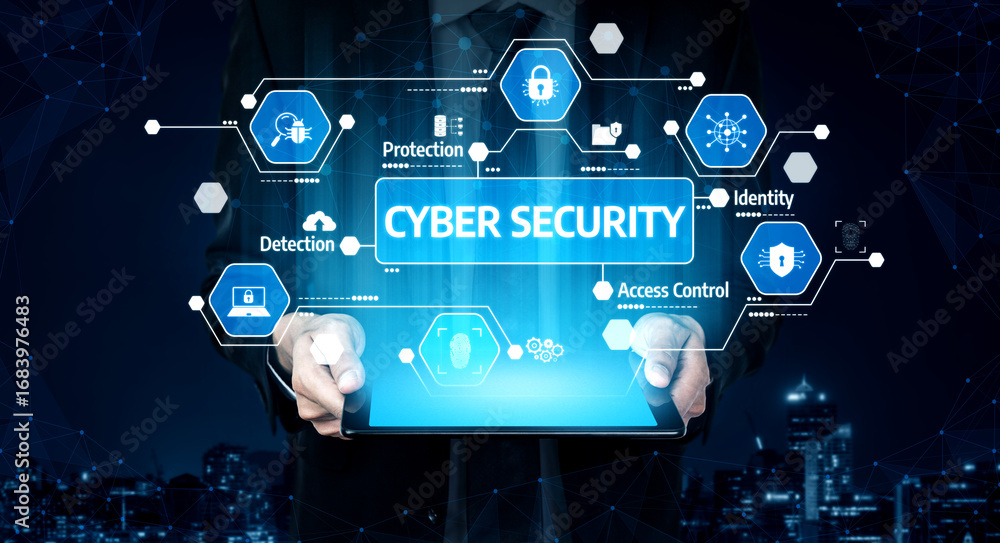 Poster hands holding tablet with cyber security icons displayed, emphasizing protection, detection, identit