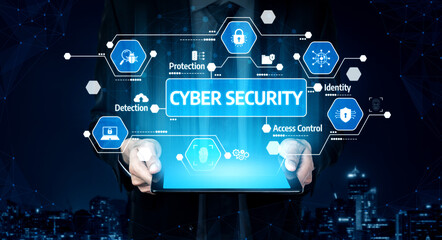 Hands Holding Tablet with Cyber Security Icons Displayed, Emphasizing Protection, Detection, Identity, and Access Control for Digital Safety and Online Privacy. Tessel.