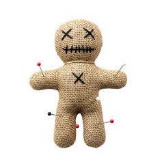 Burlap voodoo doll with colorful pins for a curse