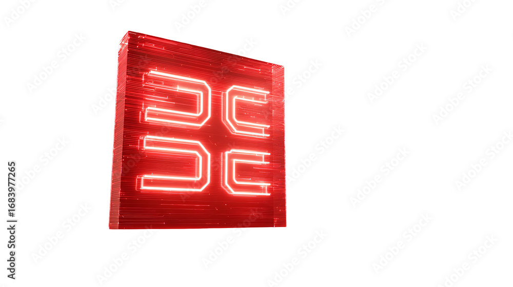 Poster glowing red tech square with circuit pattern on black on transparent background