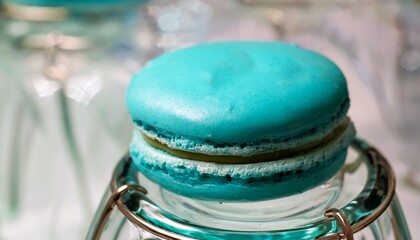 delicious turquoise macaron on clear glass stand in bakery sweet dessert ready to be enjoyed