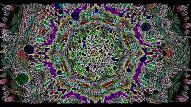 Abstract visual of a layered, colorful cellular matrix with organic textures