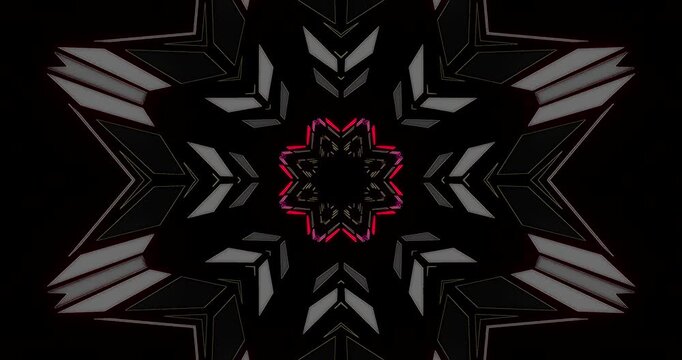 Illustration of a neon geometric mandala design featuring red and purple angular shapes