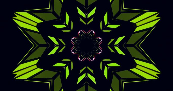 Illustration of a symmetrical neon mandala pattern made of pink and green geometric arrows