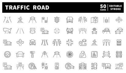 Traffic road vector icons. Icon pack of 50 linear illustrations of traffic road infrastructure and traffic elements. Includes street signs, vehicles, highways, and road safety symbols.