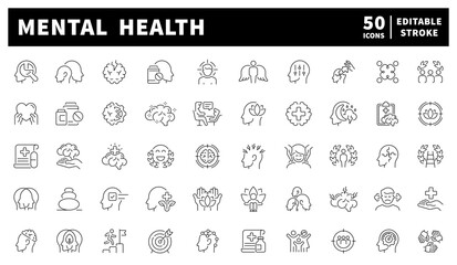 Mental health. Mental health line icons set. Set of 50 linear icons related to mental health. Emotional wellbeing, therapy, stress management, and mindfulness.