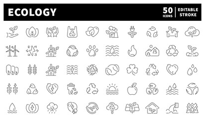 Ecology. Ecology vector icons. Set of 50 linear ecology icons. Environmental care, sustainability, and green systems