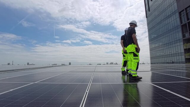 Two technicians carefully install solar panels on a rooftop in an urban location. They check the alignment and fix the panels to ensure optimal performance in bright sunlight.