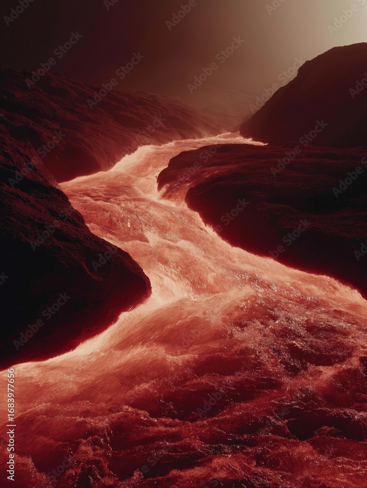 Poster close-up of a river flowing through a mountainous landscape. the water is a deep red color and appea