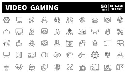 Gaming. Video games vector icons. Set of 50 line icons related to video games. Controllers, consoles, linear design