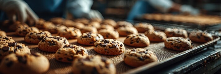 Baking fresh chocolate chip cookies in a bustling kitchen during afternoon hours