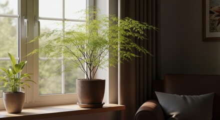 Fototapeta premium Sunlit modern living room with potted green indoor plants by window