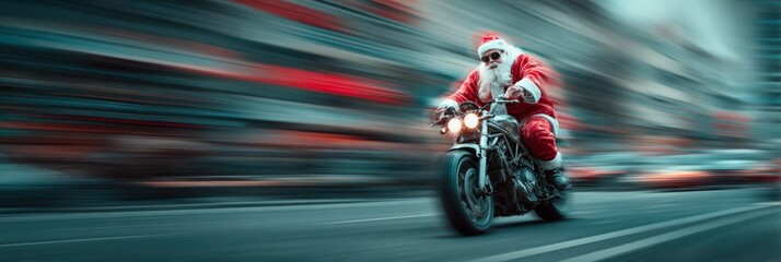 Santa Claus rides a motorcycle through a bustling city during the festive season with a blur of holiday lights in the background
