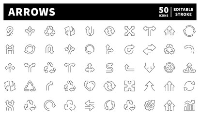Arrows. Arrow vector icons. Linear arrow icons. Set of 50 outline arrow icons. Directional arrows