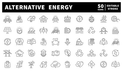 Solar panels, wind turbines, batteries, and eco symbols illustrated with minimalist energy-line design. Green power bundle of 50 outline icons on alternative energy sources